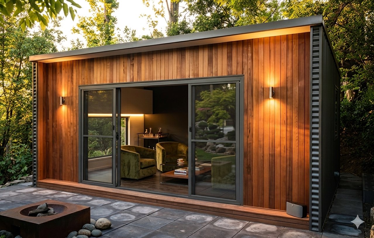 Wood-clad portable cabin lounge unit — DENEVA