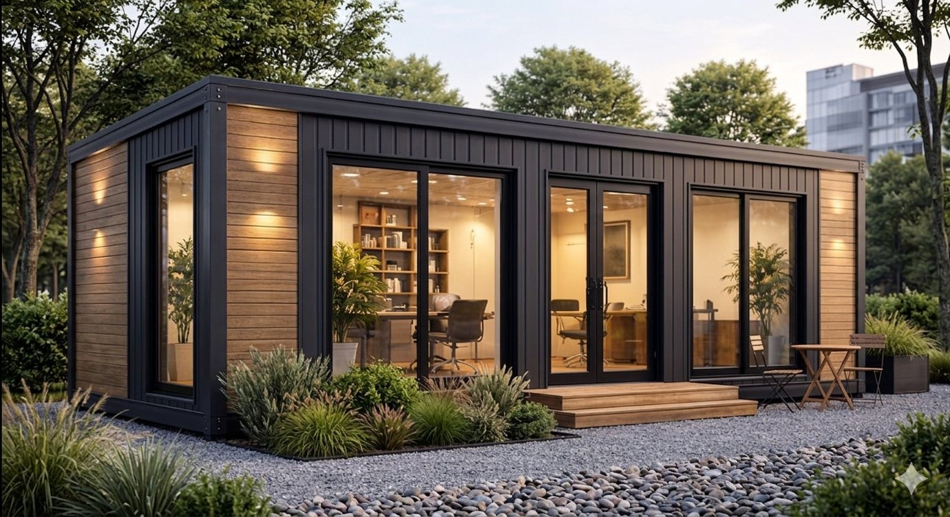 Modern portable office cabin with glass front — DENEVA