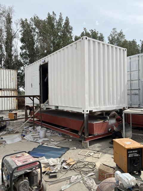 Portable cabin under fabrication on a steel chassis in the DENEVA yard